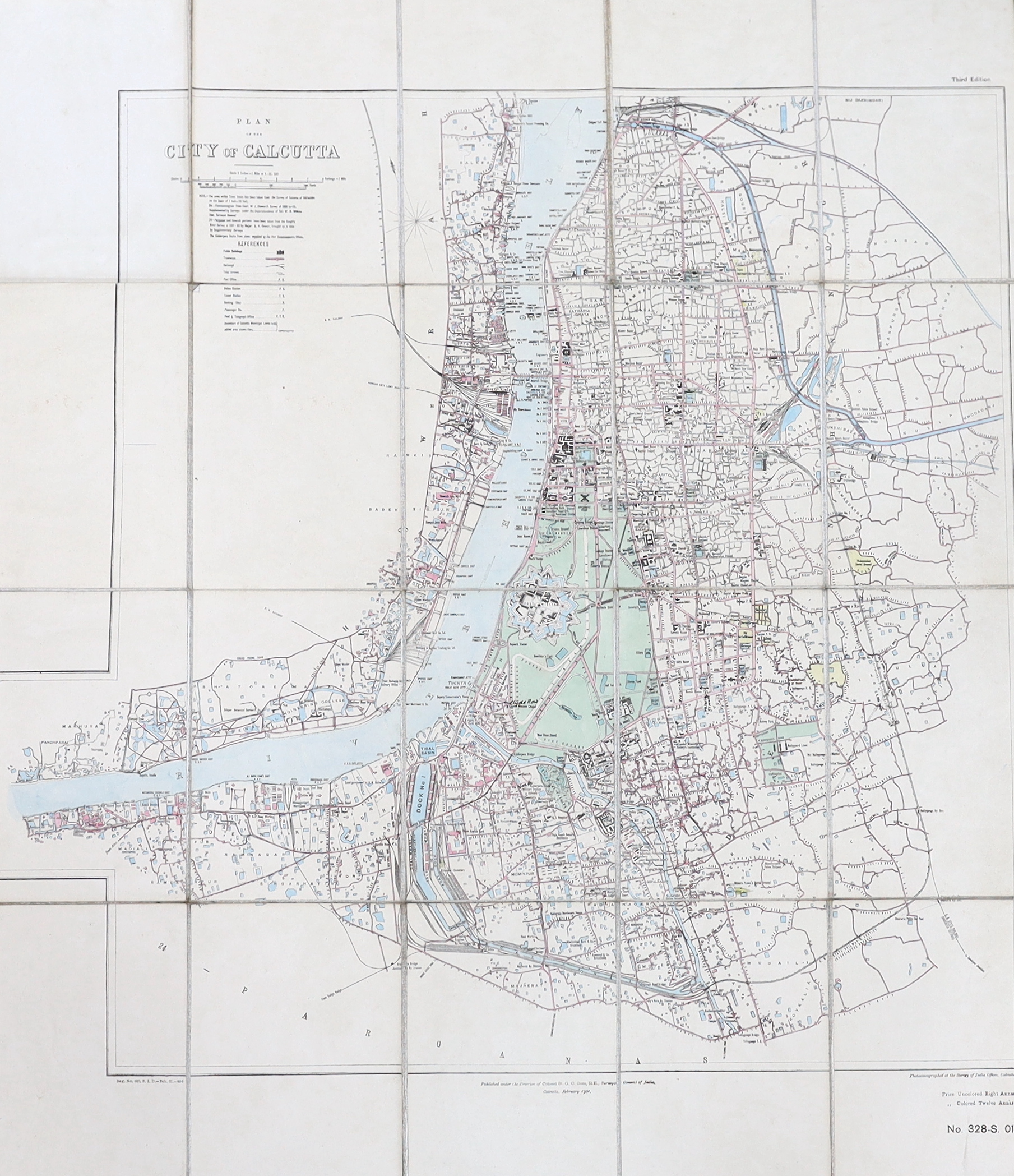 Plan of the City of Calcutta ... 3rd edition. coloured and folded on linen, opens to approx. 60x 55cm. within ruled borders, engraved title and key, scale: 3ins. to mile, contained within gilt lettered cloth covers. Surv